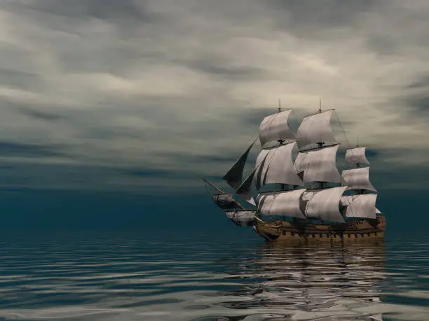 Beautiful old merchant ship floating on quiet water by cloudy night - 3D render