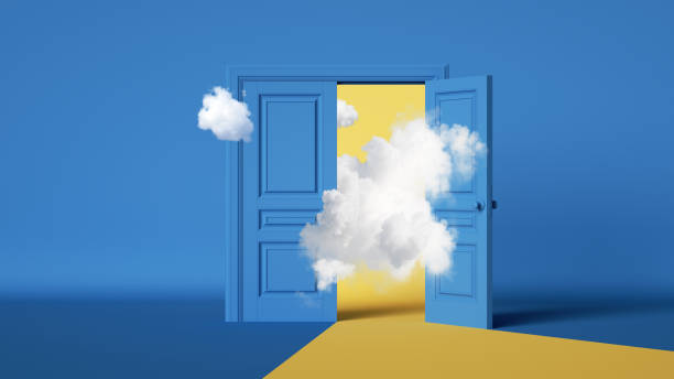 istock 3d rendering, abstract blue background with opening double doors, yellow light and white clouds. Modern minimal wallpaper 1400133078