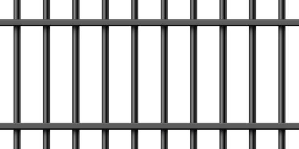 istock Black realistic metal prison bars isolated on white background. Detailed jail cage, prison iron fence. Criminal background mockup. Creative vector illustration. 1400133161