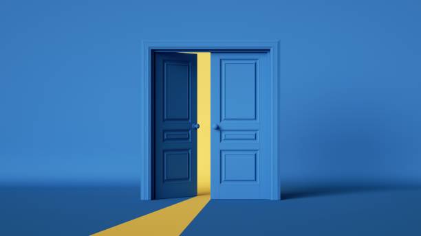 istock 3d rendering, yellow light going through the opening double door isolated on blue background. Architectural design element. Modern minimal concept. Opportunity metaphor 1400133260