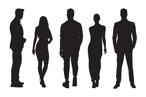 Business people silhouettes, group of standing business men and women