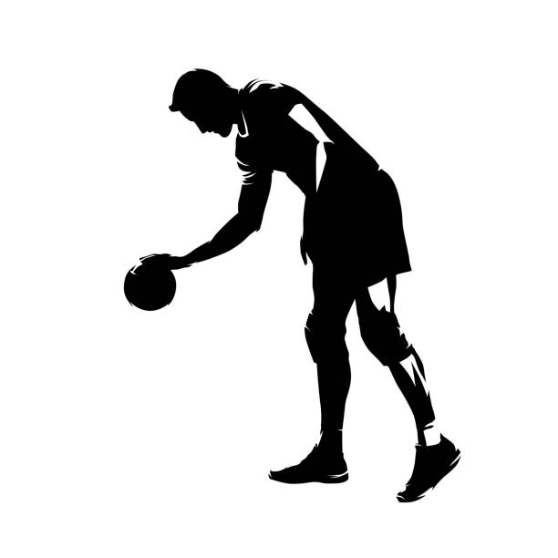 illustrations, cliparts, dessins animés et icônes de joueur de volley-ball se préparant pour le service, silhouette vectorielle isolée. dessin à l’encre - volleyball silhouette volleying beach volleyball