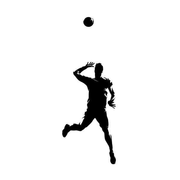 illustrations, cliparts, dessins animés et icônes de joueur de volley-ball servant le ballon, silhouette vectorielle isolée. dessin à l’encre - volleyball silhouette volleying beach volleyball