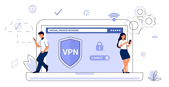 VPN Service Concept Virtual private network App for secure connection Data encryption Remote server Cloud technology Vector illustration Internet service provider Intranet access Cyber security