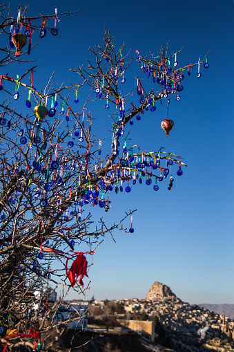 Evil eye charms or nazar glass , traditional turkish blue glass beads hanging on bare tree in Nevsehir ,Cappadocia, Turkey. Famous Good luck amulet to protect against evil eye in turkish culture.