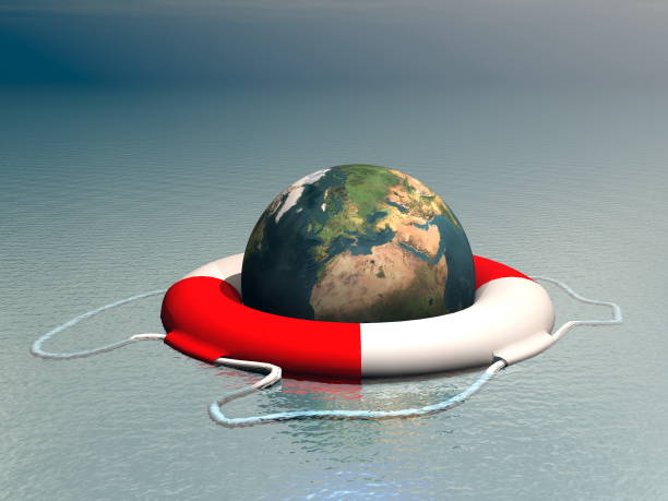 istock Save the planet - Concept image with earth floating on a buoy in the ocean - 3D render 1400134472