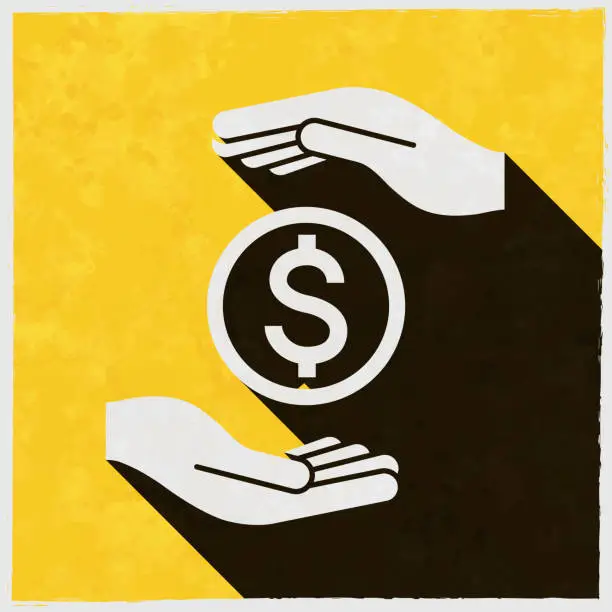 Vector illustration of Dollar coin between hands. Icon with long shadow on textured yellow background