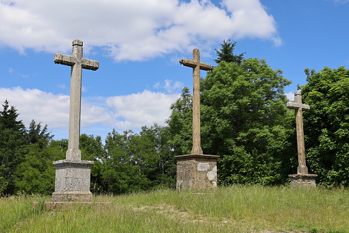 The Calvary, set of 3 mission crosses on a hill above the city, town of Chateau-Chinon, department of Nievre, France