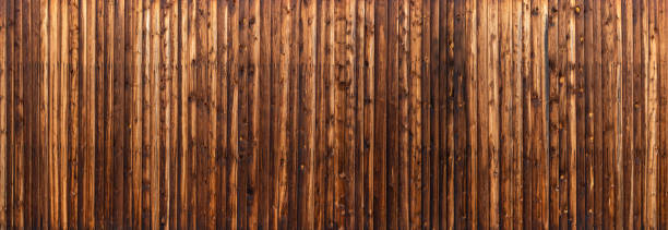 istock Panoramic wooden wall made of nailed vertical boards 1400135529