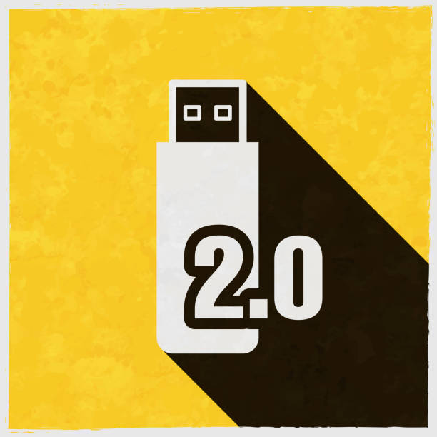 ilustraciones, imágenes clip art, dibujos animados e iconos de stock de unidad flash usb 2.0. icono con sombra larga sobre fondo amarillo texturizado - usb 2 0