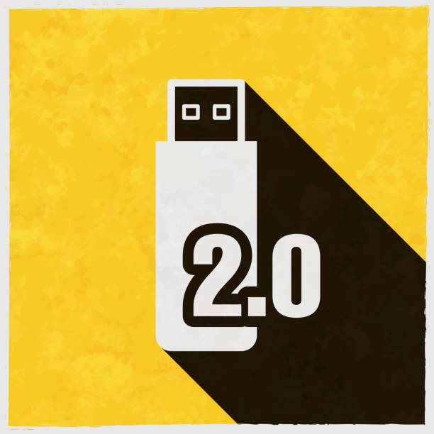 ilustrações de stock, clip art, desenhos animados e ícones de usb 2.0 flash drive. icon with long shadow on textured yellow background - memories memory card technology storage compartment