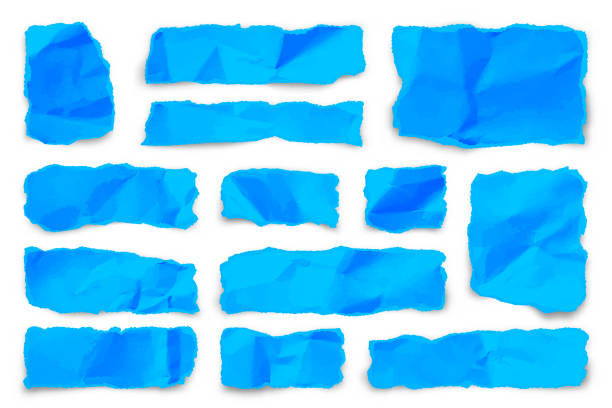 Blue ripped paper strips on white background. Realistic colorful crumpled paper scraps with torn edges. Shreds of notebook pages. Vector illustration Blue ripped paper strips on white background. Realistic colorful crumpled paper scraps with torn edges. Shreds of notebook pages. Vector illustration. backgrounds scrap metal gray textured stock illustrations