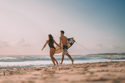 Brazil, Beach, Young Couple, Surfing, Sea