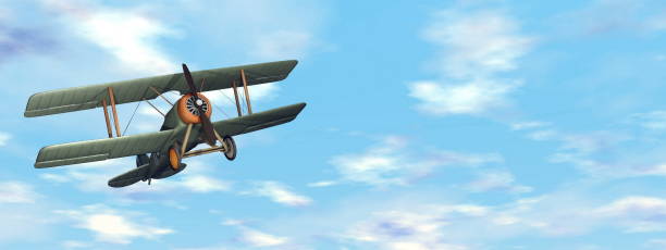 istock Old retro biplane flying in the sky - 3D render 1400136407