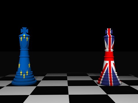 British and European Union Brexit kings on a chess board - 3D render
