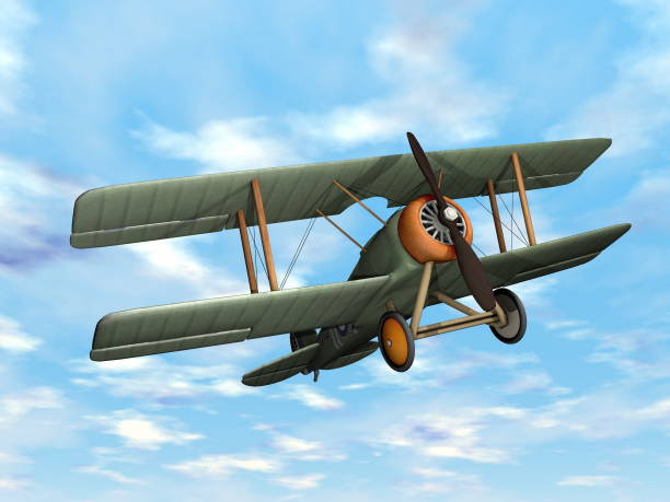istock Old retro biplane flying in the sky - 3D render 1400136426