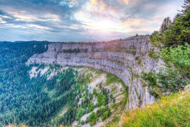 Famous cliff Creux du Van at Neuchatel in morning light, Switzerland