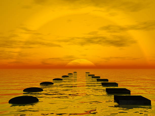 Which way to go to the sun decision concept of different steps upon the ocean - 3D render
