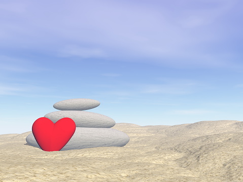 Love feeling at the beach with red heart shape and balance stones - 3D render
