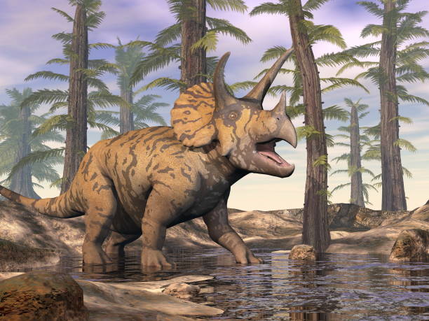 istock Triceratops walking in a pond in the forest - 3D render 1400136612