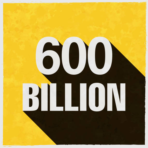 600 Billion. Icon with long shadow on textured yellow background Icon of "600 Billion" in a trendy vintage style. Beautiful retro illustration with old textured yellow paper and a black long shadow (colors used: yellow, white and black). Vector Illustration (EPS10, well layered and grouped). Easy to edit, manipulate, resize or colorize. Vector and Jpeg file of different sizes. billions quantity stock illustrations