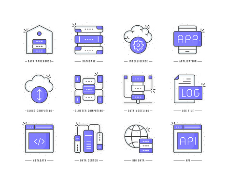 Data analytics flat line colored icons