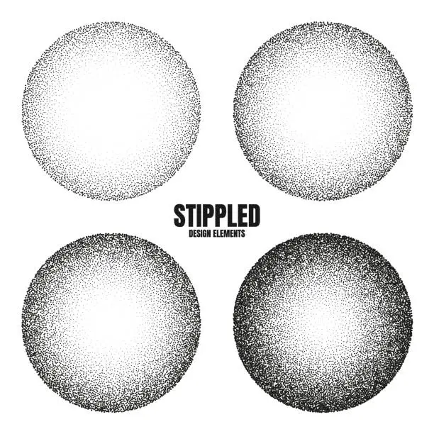 Vector illustration of Round shaped dotted objects, stipple elements. Fading gradient. Stippling, dotwork drawing, shading using dots. Pixel disintegration, halftone effect. White noise grainy texture. Vector illustration
