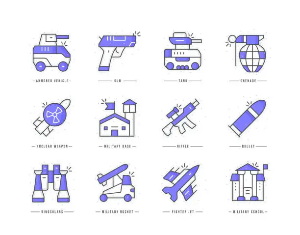 Vector illustration of Defence industry flat line colored icons