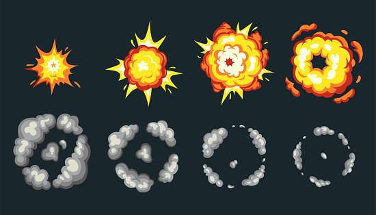 Cartoon explosion animation kit. Bomb explosion effect for mobile game, fire blast template. Vector illustration explosion fireball burning