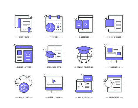Online education flat line colored icons