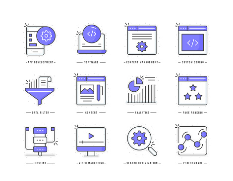 SEO and development flat line colored icons