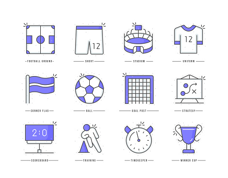 Soccer flat line colored icons