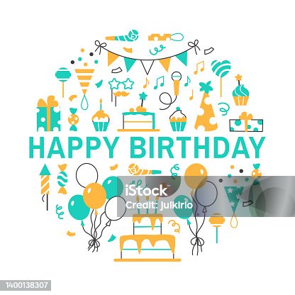 istock Happy Birthday color flat line circle concept with text. Festive bright holiday party minimal elements balloon cupcake birthday cake with candles on white background. Greeting card vector illustration 1400138307