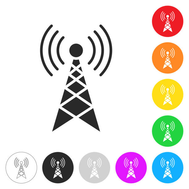Antenna. Icon on colorful buttons Icon of "Antenna" isolated on white background. Includes 9 colorful buttons with a flat design style for your design (colors used: red, orange, yellow, green, blue, purple, gray, black, white, line art). Each icon is separated on its own layer. Vector Illustration with editable strokes or outlines (EPS file, well layered and grouped). Easy to edit, manipulate, resize or colorize. Vector and Jpeg file of different sizes. cell tower stock illustrations