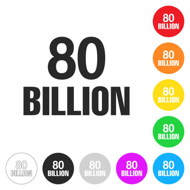 80 Billion. Icon on colorful buttons Icon of "80 Billion" isolated on white background. Includes 9 colorful buttons with a flat design style for your design (colors used: red, orange, yellow, green, blue, purple, gray, black, white, line art). Each icon is separated on its own layer. Vector Illustration with editable strokes or outlines (EPS file, well layered and grouped). Easy to edit, manipulate, resize or colorize. Vector and Jpeg file of different sizes. billions quantity stock illustrations
