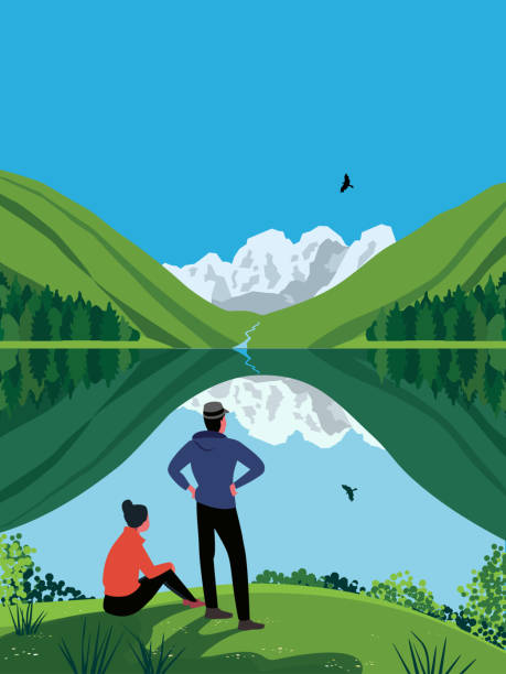 ilustrações, clipart, desenhos animados e ícones de casal de turistas apreciam paisagem de lago de montanha - reflection