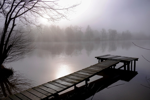 Winter foggy landscape with old wooden pier leading into a forest lake