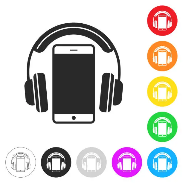 Vector illustration of Headphones with smartphone. Icon on colorful buttons