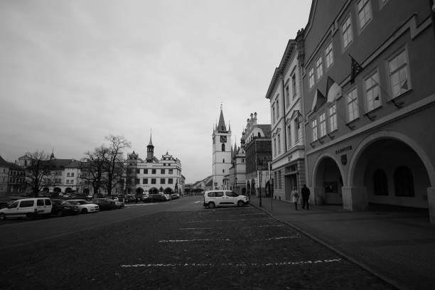 Olomouc, Czech Republic - January 30, 2024: Cityscape image of downtown with City Hall and Holy Trinity Column.