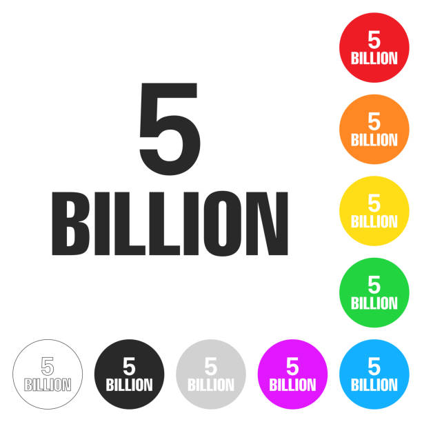 5 Billion. Icon on colorful buttons Icon of "5 Billion" isolated on white background. Includes 9 colorful buttons with a flat design style for your design (colors used: red, orange, yellow, green, blue, purple, gray, black, white, line art). Each icon is separated on its own layer. Vector Illustration with editable strokes or outlines (EPS file, well layered and grouped). Easy to edit, manipulate, resize or colorize. Vector and Jpeg file of different sizes. billions quantity stock illustrations