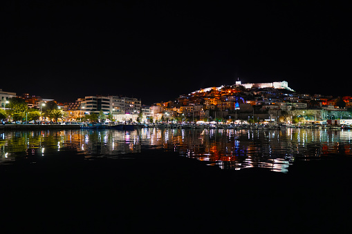 Panorama of idyllic seaside Kavalla town at night