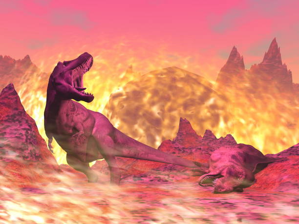 istock Tyrannosaurus Rex dinosaur dying in the fire - 3D render 1400141677