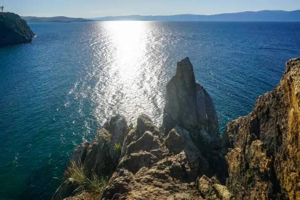 Shaman rock at sunset on Olkhon island at Baikal lake
