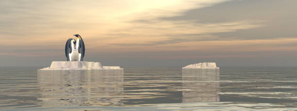 istock Penguin family upon a small iceberg observing the ocean - 3D render 1400141830