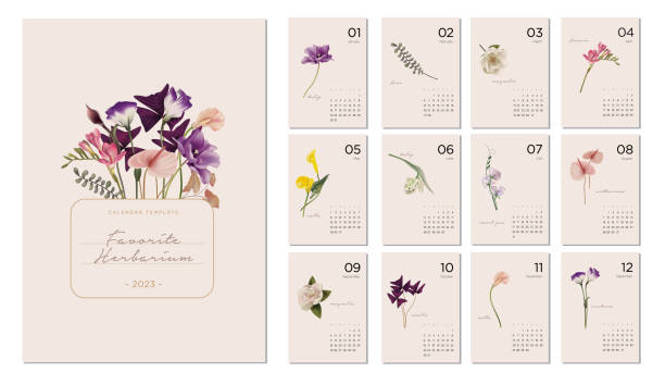 kalendervorlage 2023 zu einem botanischen thema - lisianthus stock-grafiken, -clipart, -cartoons und -symbole