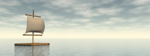 istock Wooden raft lost in the ocean - 3D render 1400142358