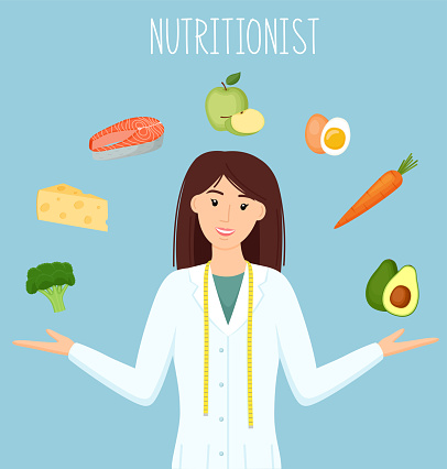 Woman nutritionist. Nutrition concept, healthy food, weight loss and dieting. Vector illustration
