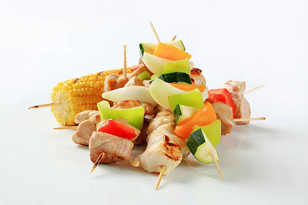 istock Pork, chicken and vegetable skewers 140014309