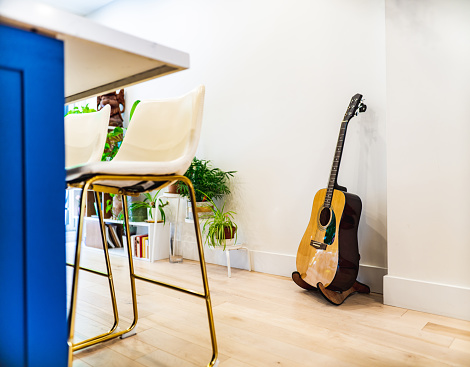 Guitar on the stand in Modern home interior.