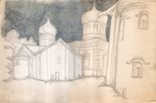 Ancient monastery building in traditional architectural Russian style in the town of Novgorod Velikiy Vintage pencil and silver watercolor sketch drawing on aged beige paper. Ancient monastery building in traditional architectural Russian style in the town of Novgorod Velikiy church borders stock illustrations